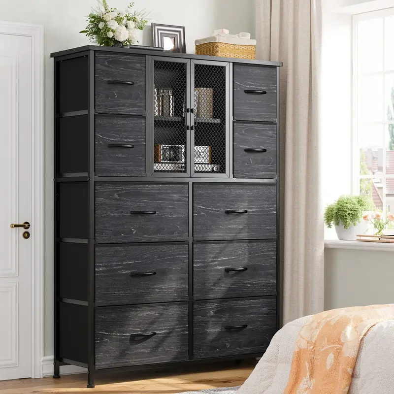 Raybee  Dresser for Bedroom with Mesh Door, with 10 Fabric Drawer ,Metal Frame,Wood Top,for Closet,Entryway,Living Room