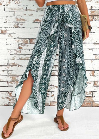 Modlily Blackish Green Tribal Print Wide Leg Elastic Waist Pants - L