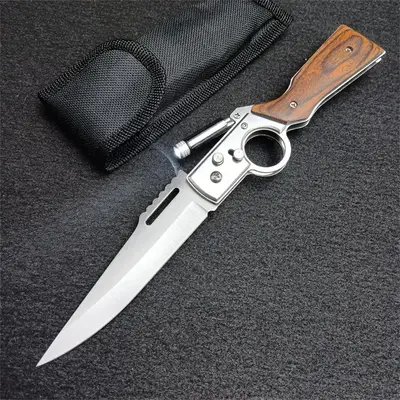 AK-47 Pocket Folding Knife 5C13Mov Steel Wooden Handle Outdoor Camping EDC Knives with LED Light and Pocket Clip