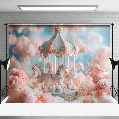 Carrousel Dreamy Pink Girls Cake Smash Backdrop