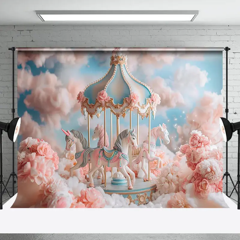 Carrousel Dreamy Pink Girls Cake Smash Backdrop