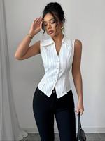 Women's Striped Print V Neck Crop Blouse, Casual Fitted Sleeveless Top for Summer, Women's Clothing for Daily Wear, Shirts