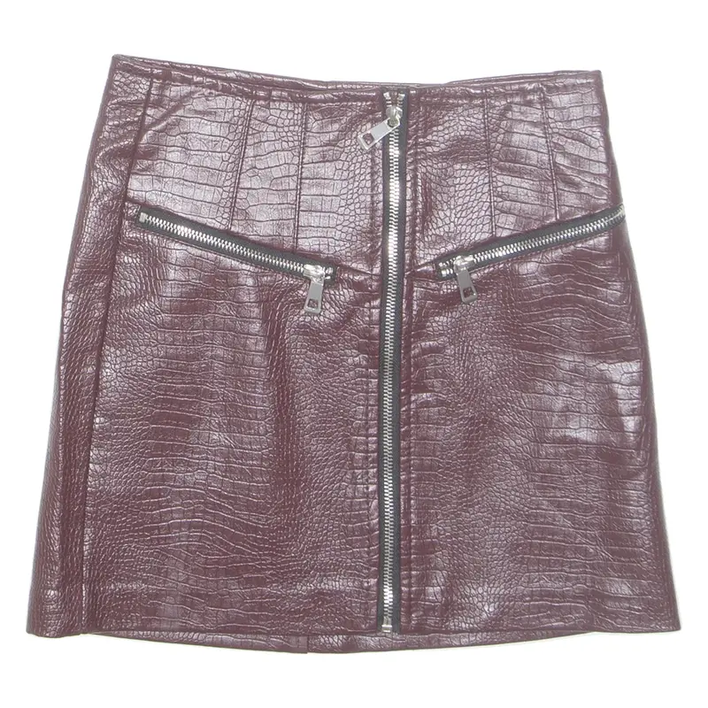 BERSHKA Womens Straight Skirt Maroon Short Leather XS