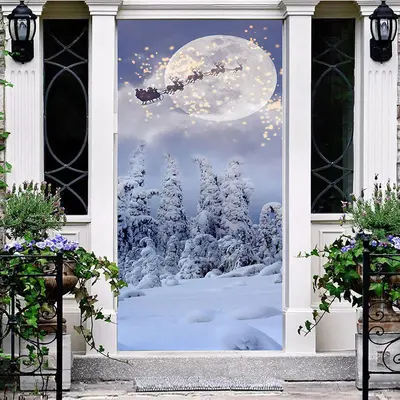 Light Snowy Moon Night Elk Santa Christmas Door Cover - Aperturee