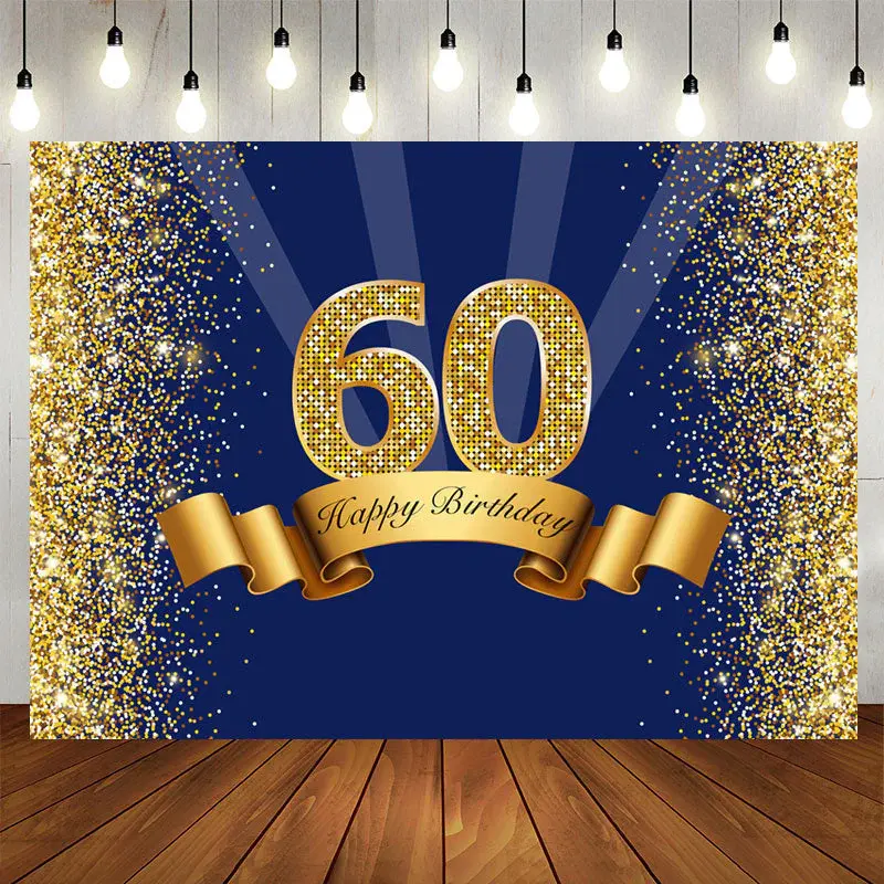 Aperturee Happy 60th Birthday Royal Blue Gold Glitter Backdrop for Photos