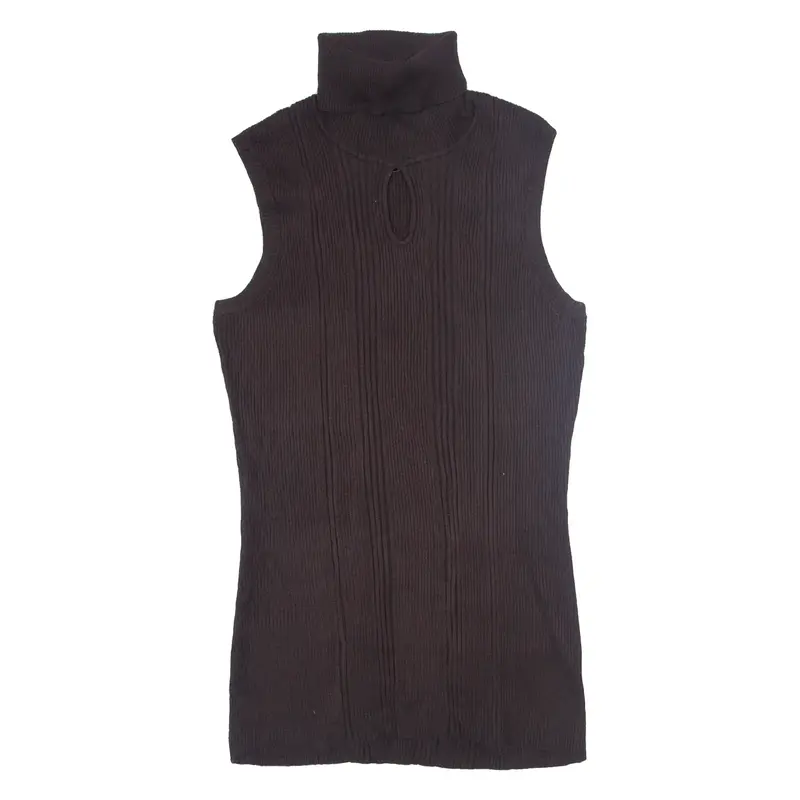 UNITED STATES SWEATERS Stretch Vest Brown 90s Tight Knit Roll Neck Sleeveless Womens L