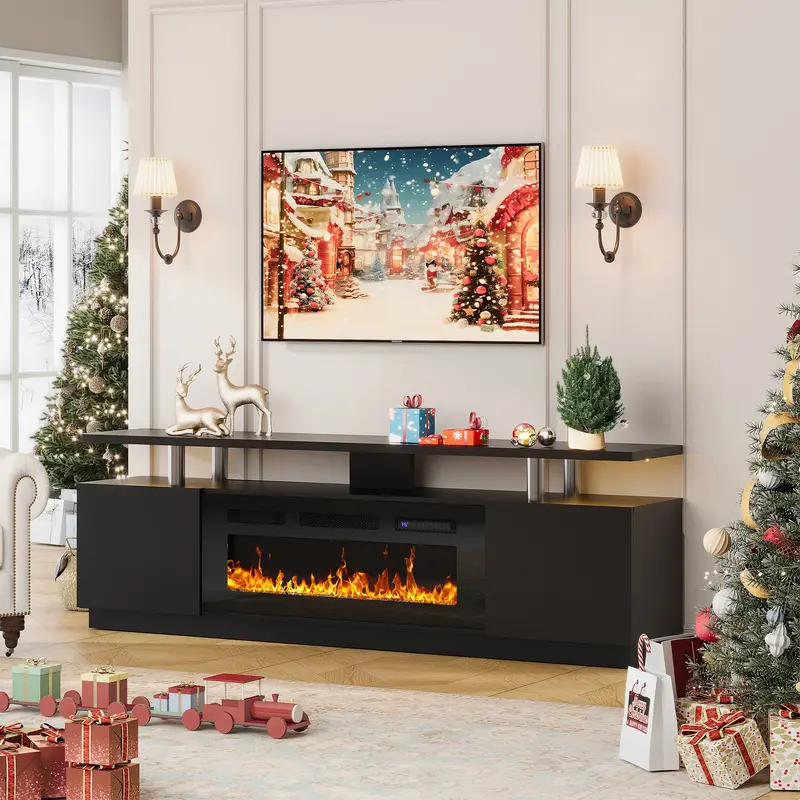 Garvee Fireplace TV Stand for 80 Inch TV, 70” Entertainment Center with 36” Electric Fireplace, 12 Flame Colors, Freestan...