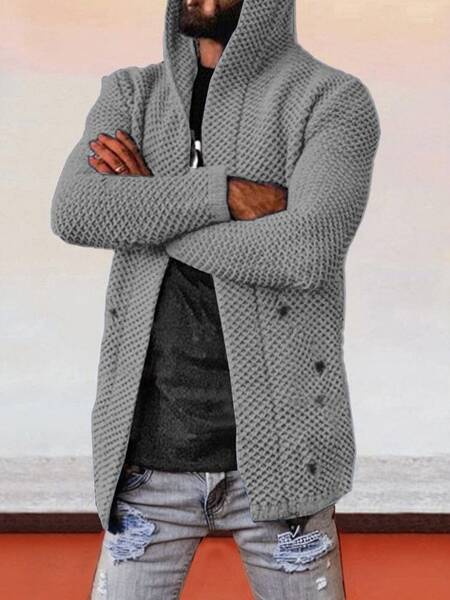 Solid Hooded Holey Sweater Coat, Grey / L