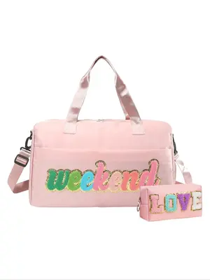 Women's Cute Letters Design Travel Bag & Storage Bag Perfect for Gift, Trendy Large Capacity Duffel Bag Set