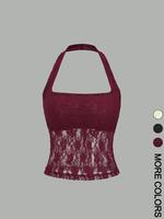 Women's Plain Floral Lace Halter Neck Top, Elegant Sleeveless Top for Party Holiday Vacation, Ladies Casual Halter Backless C...