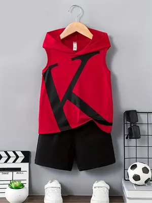 Two-piece Set Toddler Boy's Letter Print Hooded Tank Top & Shorts, Casual Sleeveless Hooded Top & Shorts for Summer, Kids Clo...
