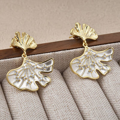 Ginkgo Leaf Brass Pave Clear Cubic Zirconia Stud Dangle Stud Earrings for Women