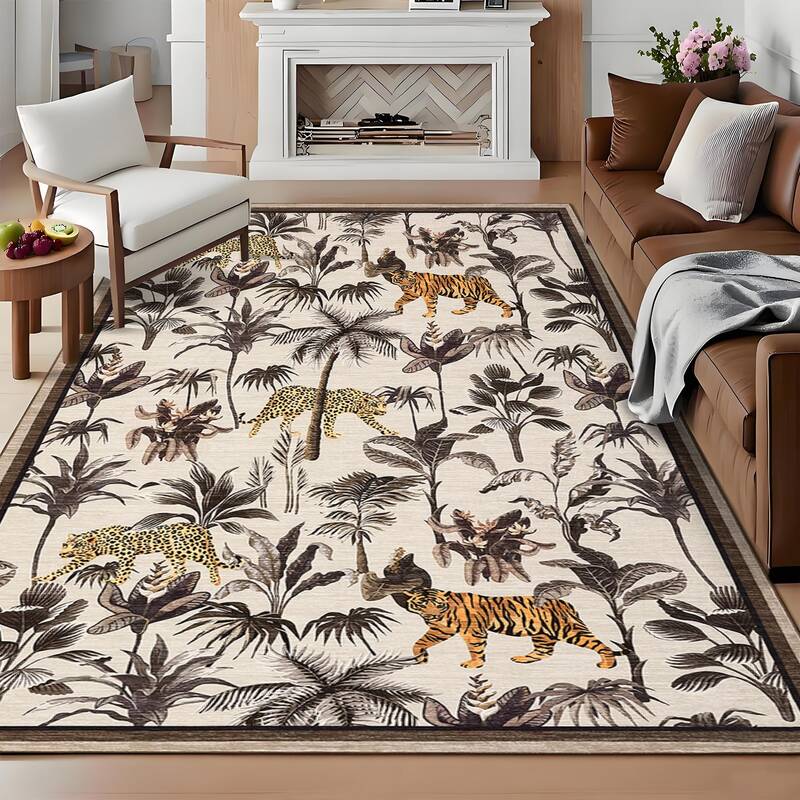 Garvee Taupe Tiger 5x7 Washable Rug Tropical Jungle Plant Non-Slip Low Pile Stain Resistant Taupe Living Room Bedroom