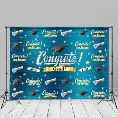 Mortarboard And Stars Cyan Backdrop For Congrats Grad - Aperturee