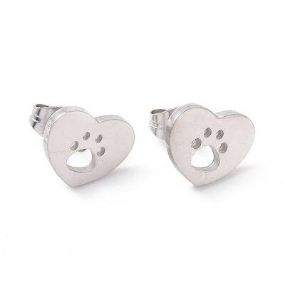 Tarnish Resistant 304 Stainless Steel Heart with Dog Paw Print Stud Earrings for Women