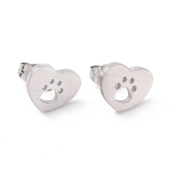 Tarnish Resistant 304 Stainless Steel Heart with Dog Paw Print Stud Earrings for Women