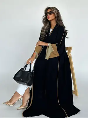 Women's Colorblock Print Open Front Abaya, Chic Elegant Long Sleeve Kaftan Dress for Daily Wear, Abaya for Women, Ladies Isla...