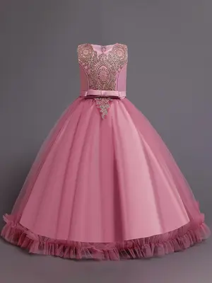 Girl's Floral Embroidery Bow Back Dress, Elegant Sleeveless V Neck Dress for Party Performance Wedding Guest, Kids Clothes fo...