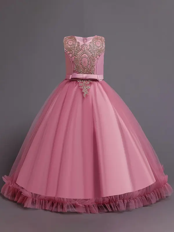 Girl's Floral Embroidery Bow Back Dress, Elegant Sleeveless V Neck Dress for Party Performance Wedding Guest, Kids Clothes fo...