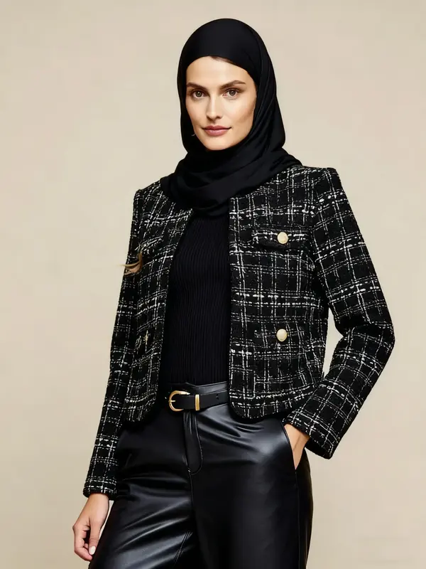 Women's Plaid Short Coat, Elegant Slim-Fit Button-Up Jacket, Thick Woven Fabric, Perfect for Fall & Winter, Versatile Stylish...