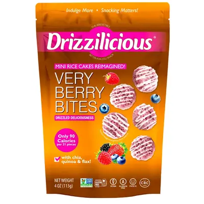 NEW! Drizzilicious Very Berry Sweet Mini Rice Cakes - Gluten-Free, Vegan, Crunchy & Healthy Snack, 90 Calories per Serving, 4...
