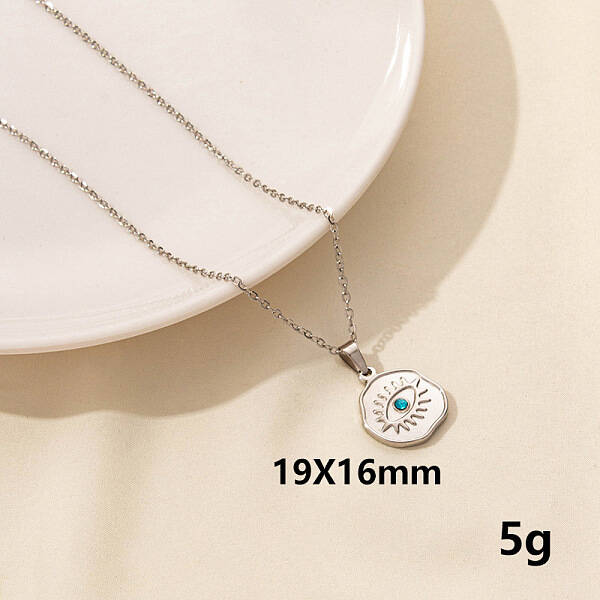 Stylish Stainless Steel Rhinestones Flat Round with Evil Eye Pendant Necklace