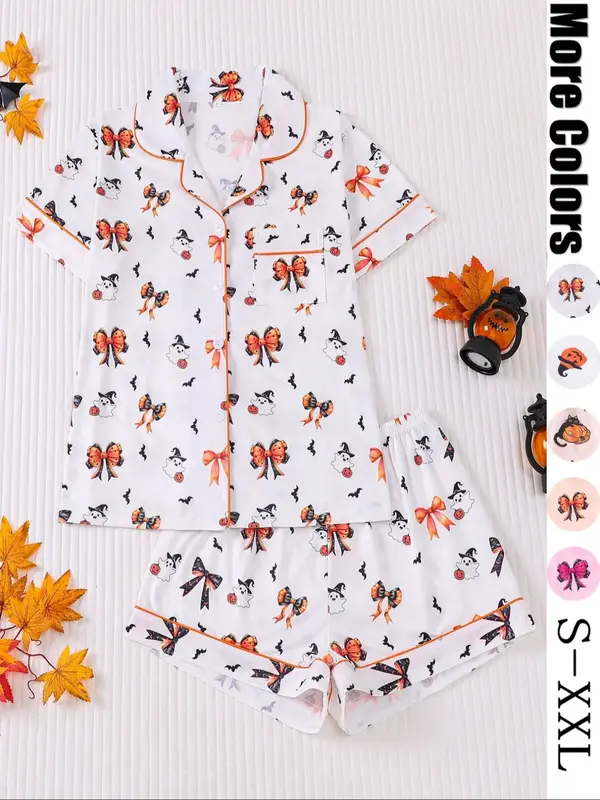 【Halloween】Women's Halloween Pajama Set, Cute Ghost Cat Pumpkin Print, Short Sleeve Lapel Shirt & Elastic Shorts, Casual ...