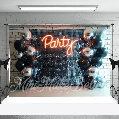 Silver Black Balloon Brick Wall Cake Smash Backdrop - Aperturee