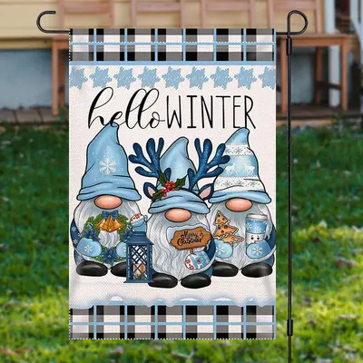 Hello Winter Blue Plaid Gnome Christmas Garden Flag - Aperturee