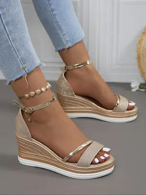 Women's Fashionable Glitter Decorated Platform Sandals, Casual Comfortable Wedge Sandals for Beach Vacation, Female All-match...