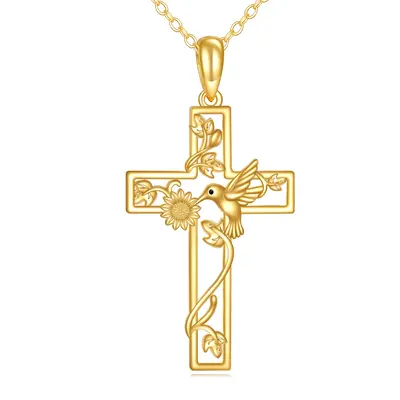 14K Gold Hummingbird & Sunflower & Cross Pendant Necklace