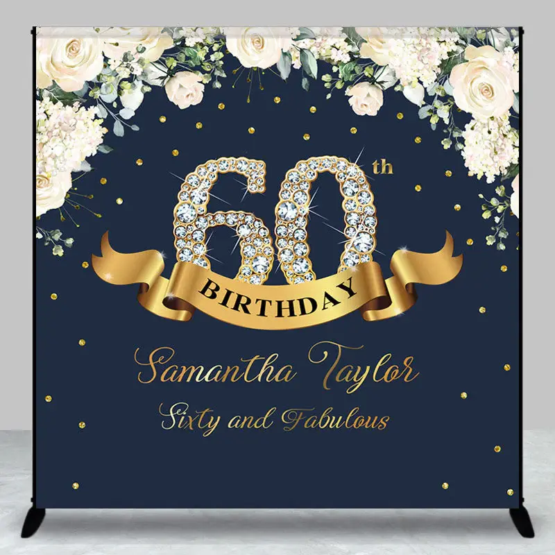 Custom Navy Blue Pink Floral 60th Birthday Backdrop - Aperturee