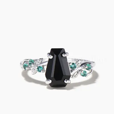 Coffin Cut Natural Black Onyx Engagement Ring Emerald Nature Inspired Ring