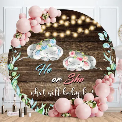 Aperturee Pink Or Blue Elephant Round Wood Baby Shower Backdrop