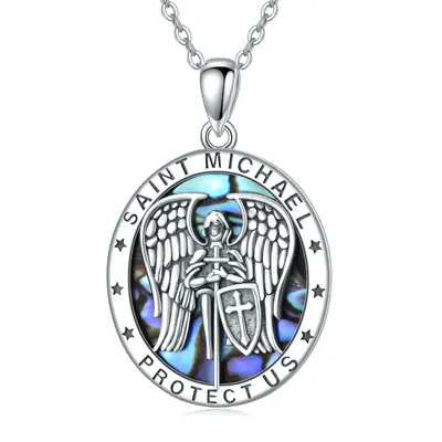 Sterling Silver Abalone Shellfish Saint Michael Pendant Necklace