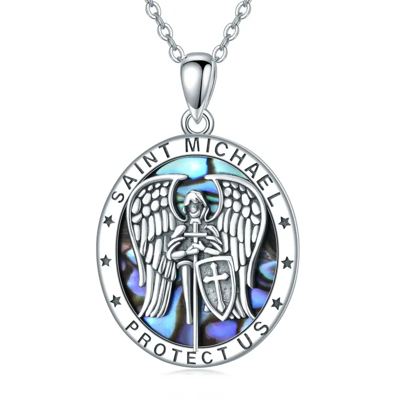 Sterling Silver Abalone Shellfish Saint Michael Pendant Necklace