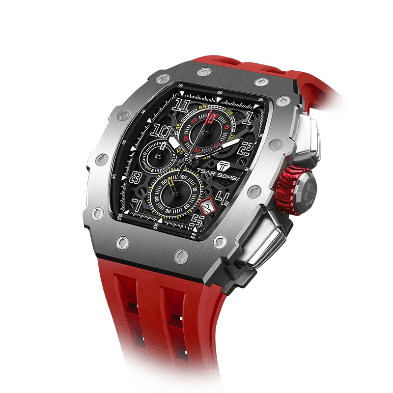 TSAR BOMBA Men's Affordable Luxury Quartz Watch | Silver Red | Tonneau Case | Seiko Quartz Movement | 5ATM Waterproof Silicon...