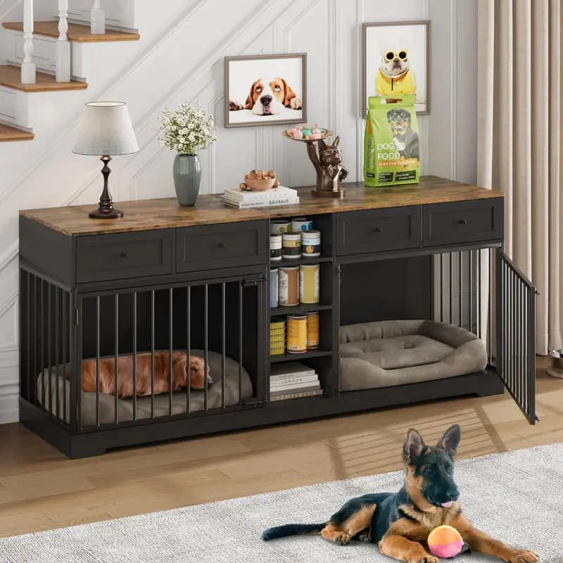 Garvee 82 Large Dog Crate for 2 Dogs, Dog Kennel Indoor with 4 Drawers and Shelves, Heavy Duty Double Dog Crate Furniture TV...