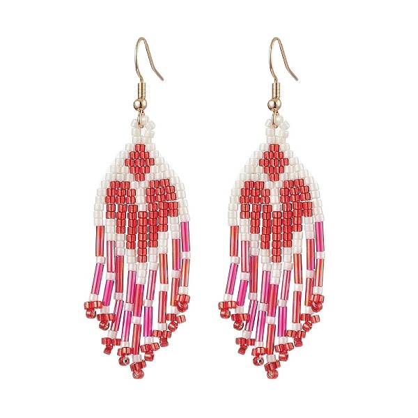 Heart Glass Seed Beaded Tassel Dangle Earrings for Women