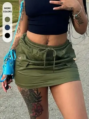 Women's Plain Button Pocket Drawstring Waist Cargo Skirt, Casual Streetwear  Skirt for Daily Wear, Ladies Summer Bottoms