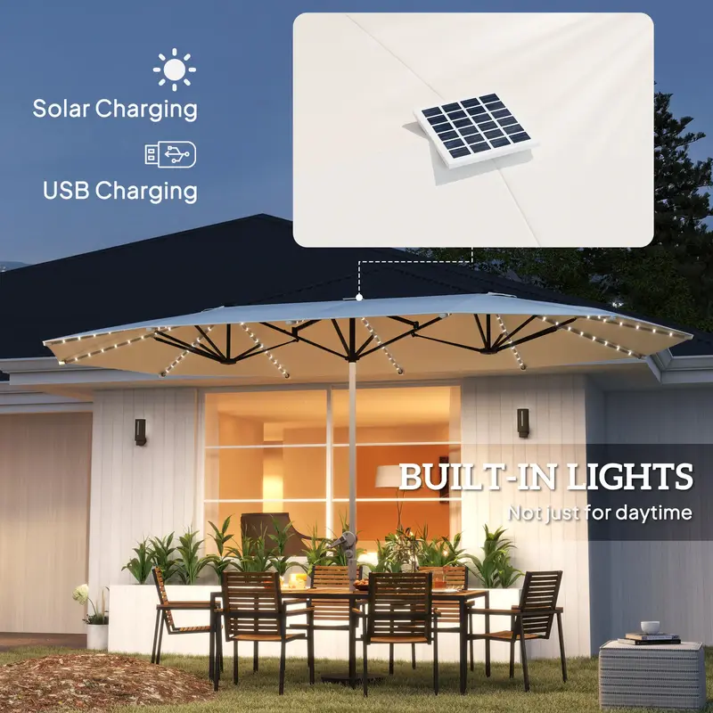 【With Base & LED Lights】Outsunny Extra Large Double-Sided Patio Umbrella, with 36 LED Lights, 14.4ft, with Base Included,...