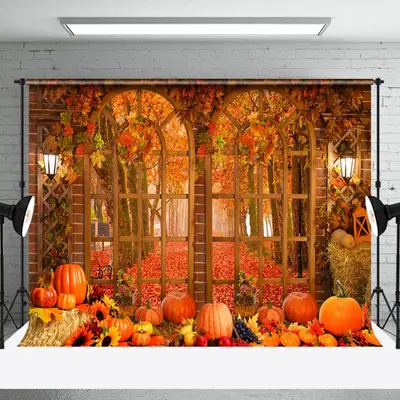 Aperturee Arch Window Autumn Maple Leaves Pumpkin Photo Backdrop | Fall Photography Backdrops | Diy Fall Photo Backdrop | Fal...