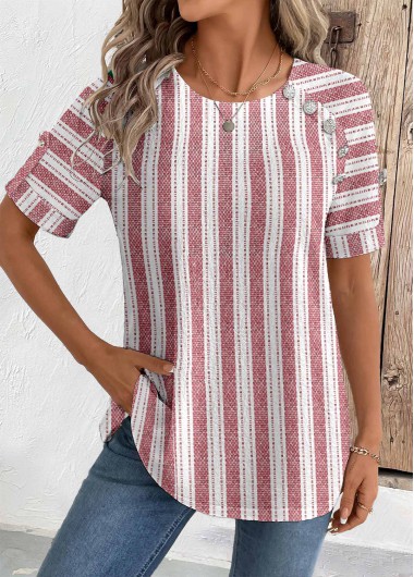 Modlily Brick Red Geometric Print Short Sleeve Round Neck Blouse - L