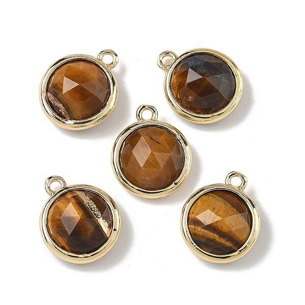 Brass Pave Natural Tiger Eye Faceted Flat Round Charms