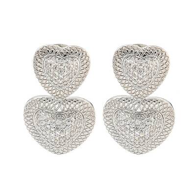 Heart Brass Pave Clear Cubic Zirconia Dangle Stud Earrings
