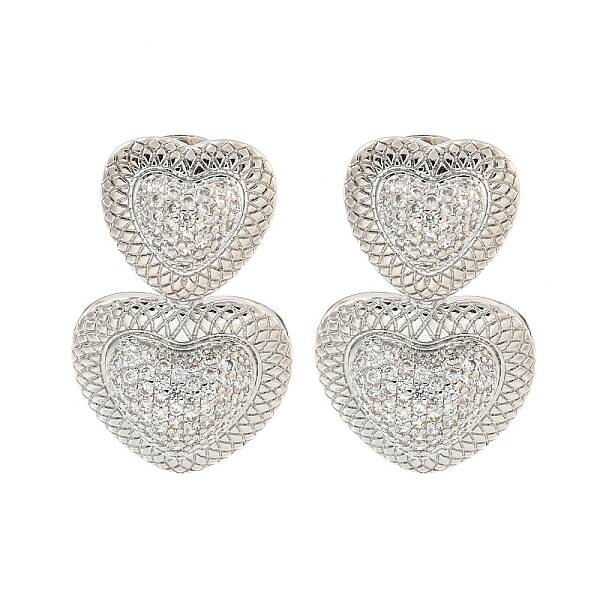 Heart Brass Pave Clear Cubic Zirconia Dangle Stud Earrings