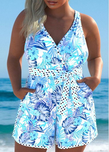 Modlily Floral Print Blue One Piece Swimwear - L