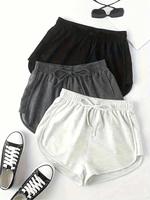 Women's 3pcs Solid Drawstring Athletic Sports Shorts, Gym Clothing, Casual Fit Elastic Waist Back To School Shorts for Runnin...