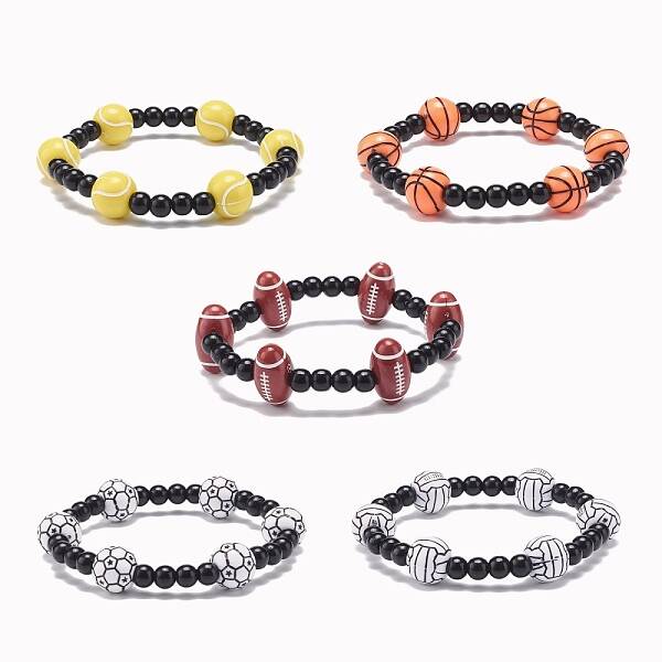 Sport Theme Acrylic Beaded Stretch Bracelet for Men Women