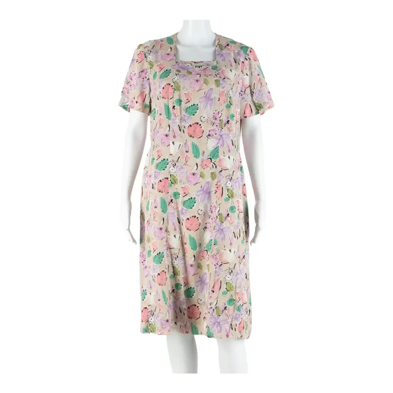 Womens A-Line Dress Pink 90s Floral Short Sleeve Midi L